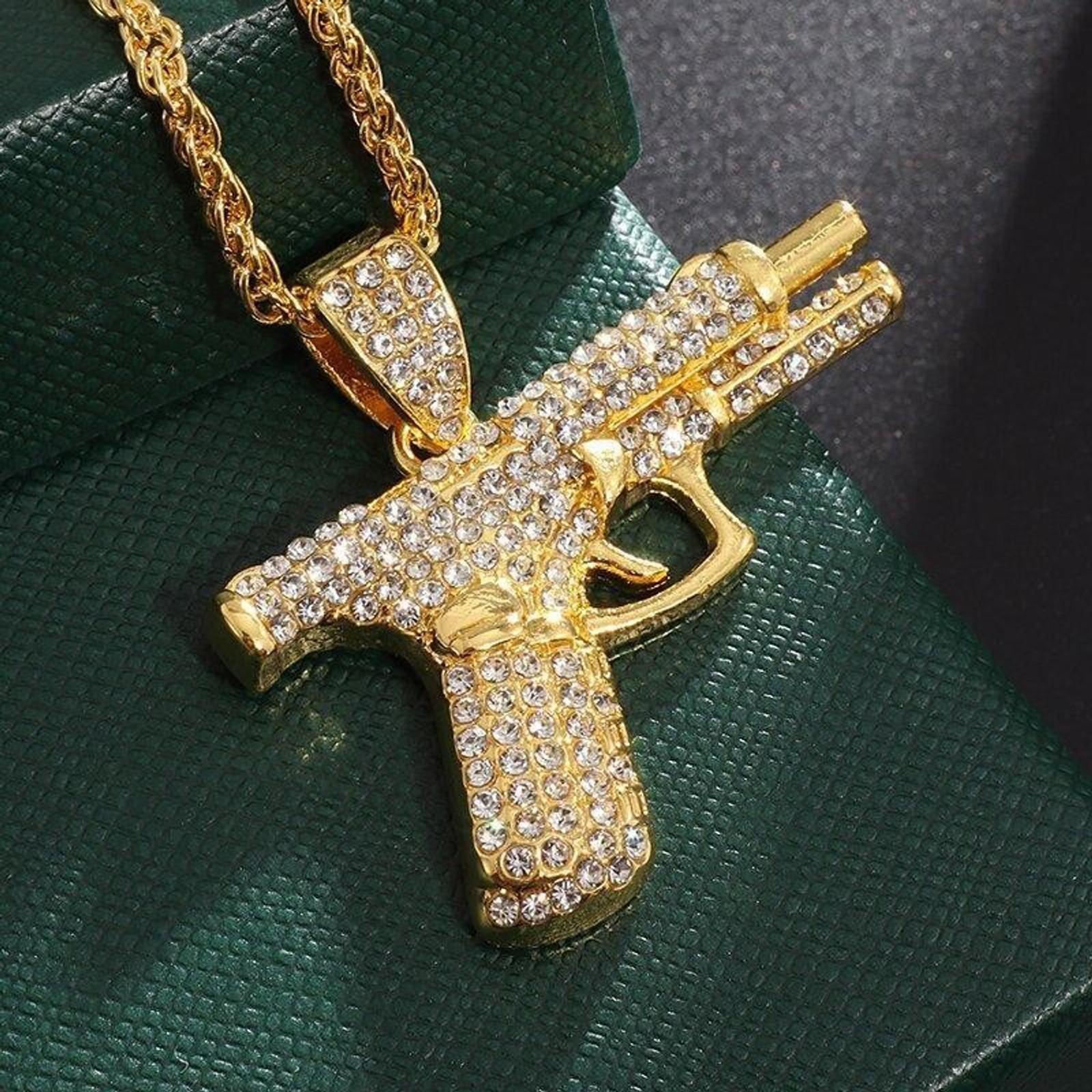 Men's Iced Out Cuban Link Chain with Rhinestone Pistol Pendant, Hip Hop Bling Necklace for Daily Casual Wear