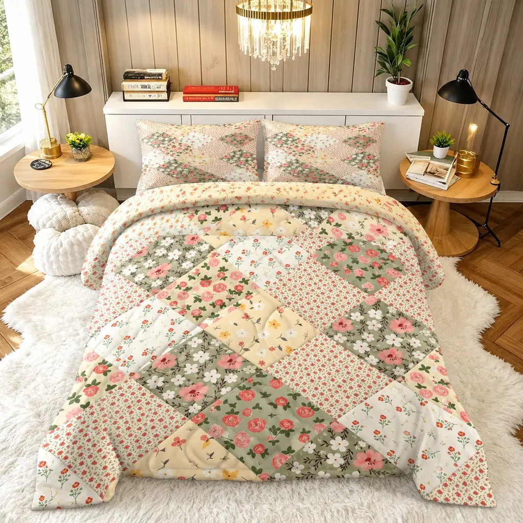French Country Floral Patchwork Quilt Set, 1 Quilt + 2 Pillowcases, Soft Breathable Bedding Sets, Multiple Sizes and Colors Available