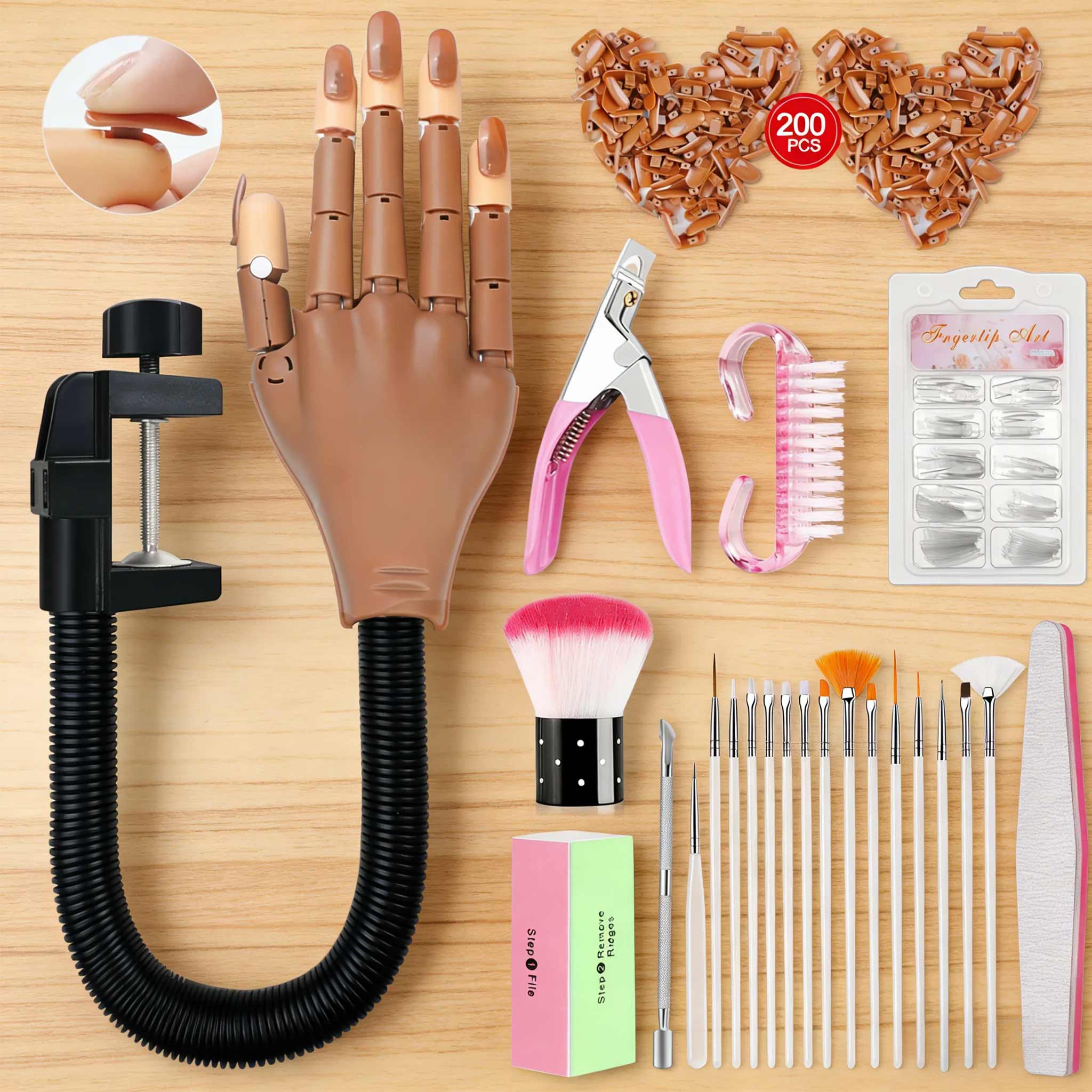 Practice acrylic nails hand, flexible and movable fake hand, nail art training hand nail set, movable nail hand, includes 200 nail tips, nail glue, cleaning brush, and nail clipper, suitable practice tool for beginners, professional tool for nail salons