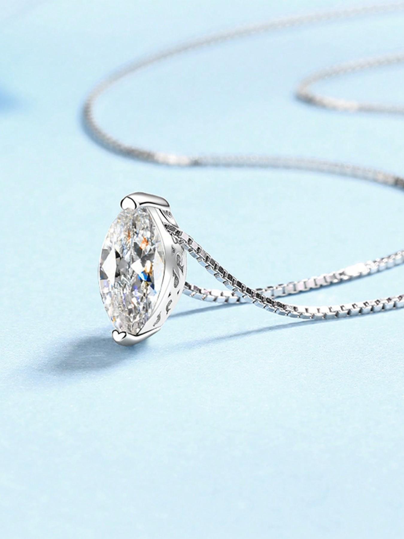 925 Silver 1 Carat Moissanite Drop Necklace, Elegant Lockbone Chain for Daily Wear, Versatile Horse Eye Moissanite Pendant