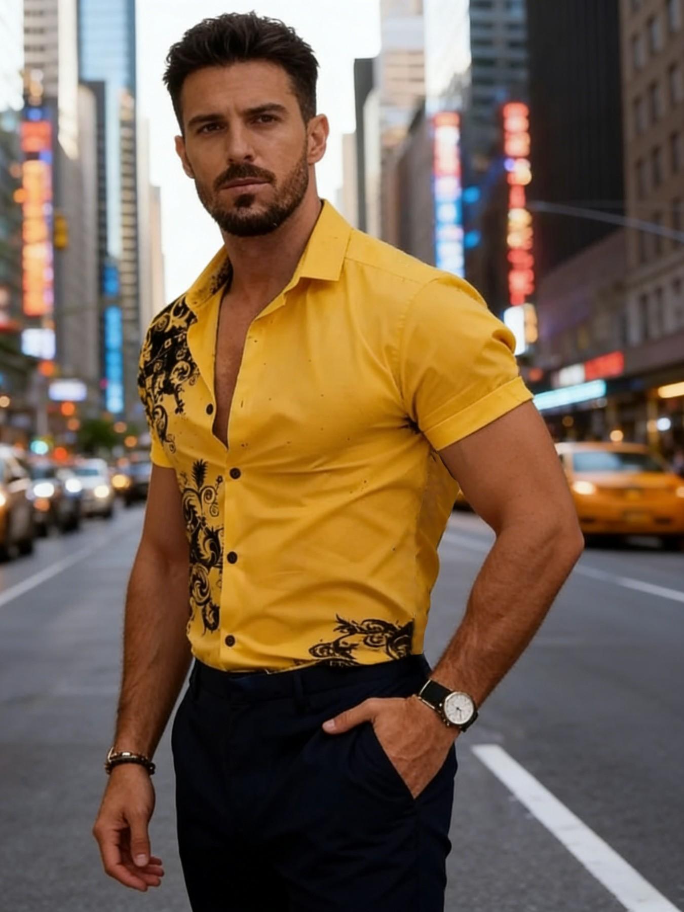 Men's Baroque Print Short Sleeve Shirt, Summer Slim Fit Casual Vacation Open Front, European and American Style Fashion Floral Blouse