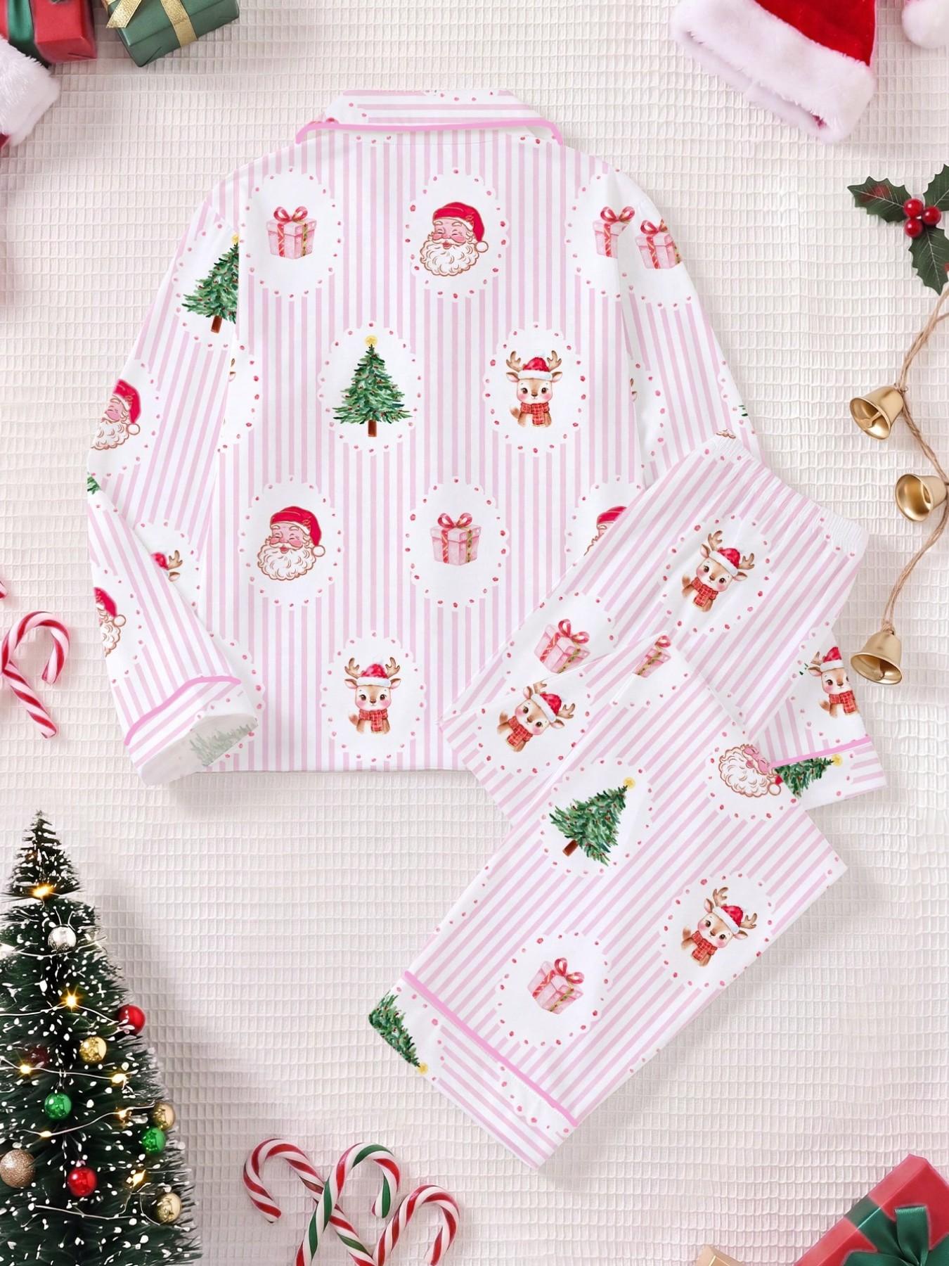 Christmas Pajamas, Striped Santa & Reindeer Print, Long Sleeve, Fitted, Soft & Breathable, Holiday Party Set