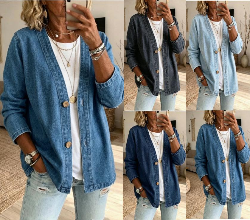 Women V‑Neck Denim Cardigan Jacket, Long Sleeve Button Down Loose Casual Open Front Denim Coat, Spring Fall Daily Outerwear for Ladies