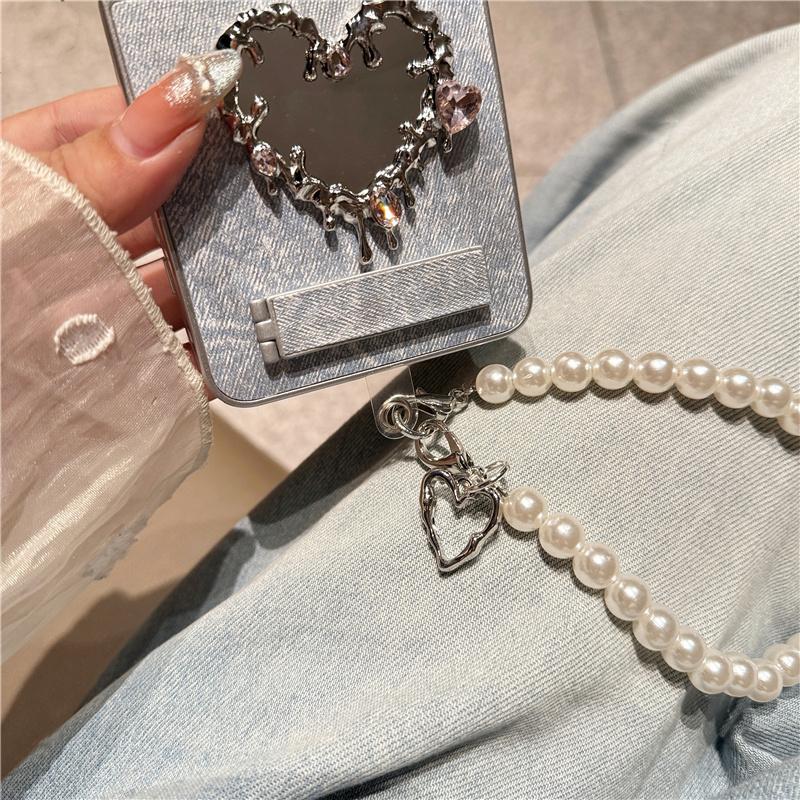Korean Cute Heart Mirror Stand Phone Case For Samsung Galaxy Z Flip 7 6 5 4 3 Flip6 Flip7 Cover with Chain Denim Cute Cases Capa