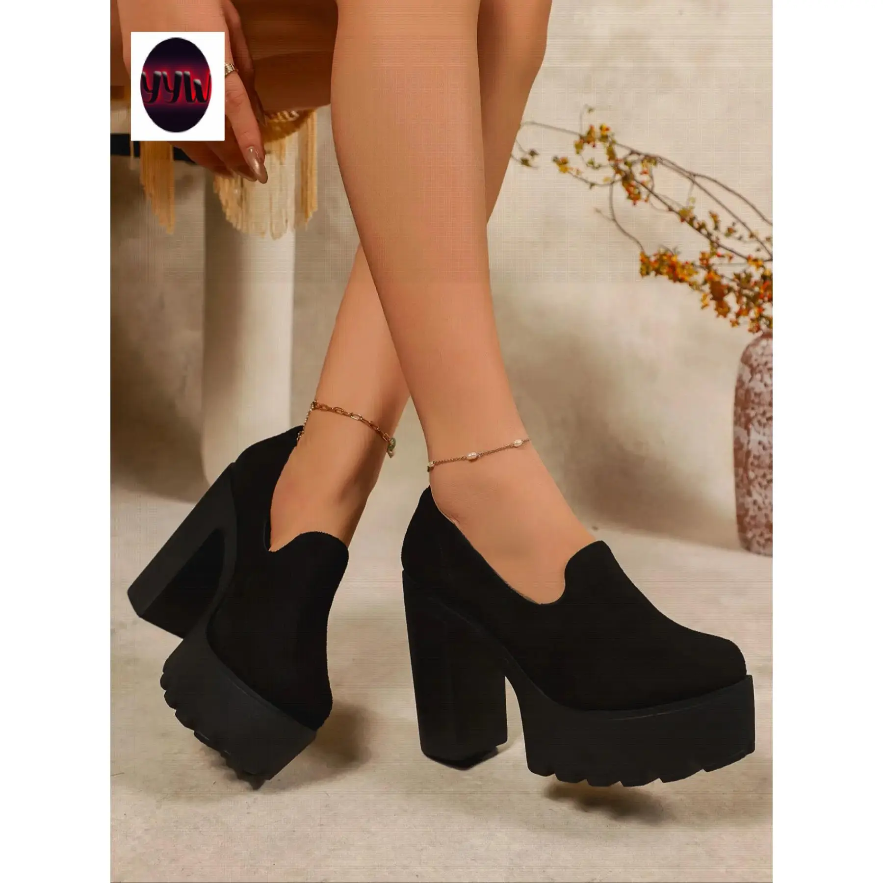 YYW1 Autumn Women's Thick Sole Chunky Heel Single Shoe, Waterproof Platform Low Cut, Casual Textile Upper, All Seasons, Heels Platform Shoes Platform Footwear Shoe