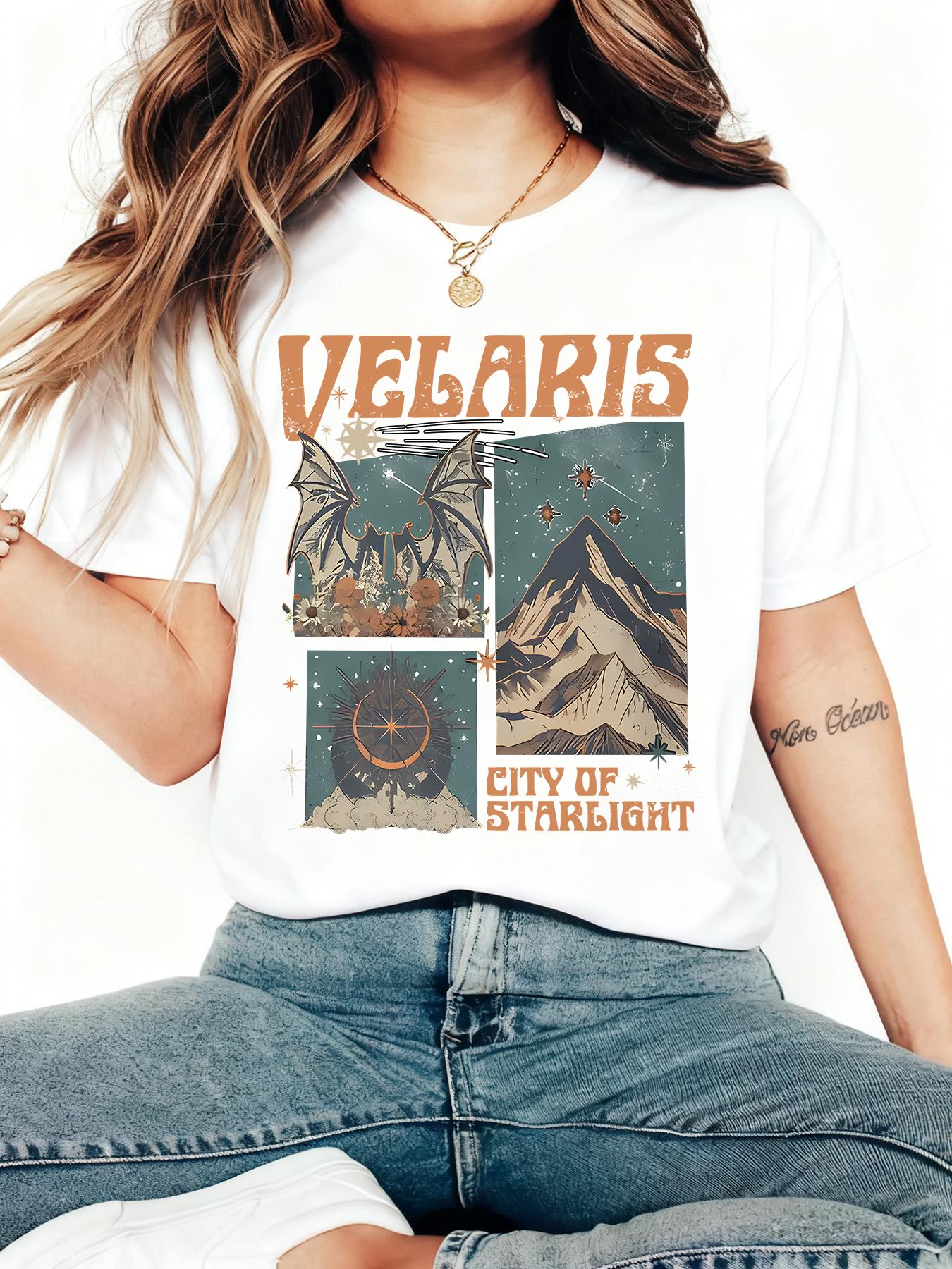 Women's Velaris City Of Starlight Graphic Print Round Neck Tee, Casual Letter Print Short Sleeve T-shirt for Summer, Ladies Clothes for Daily Wear, Top