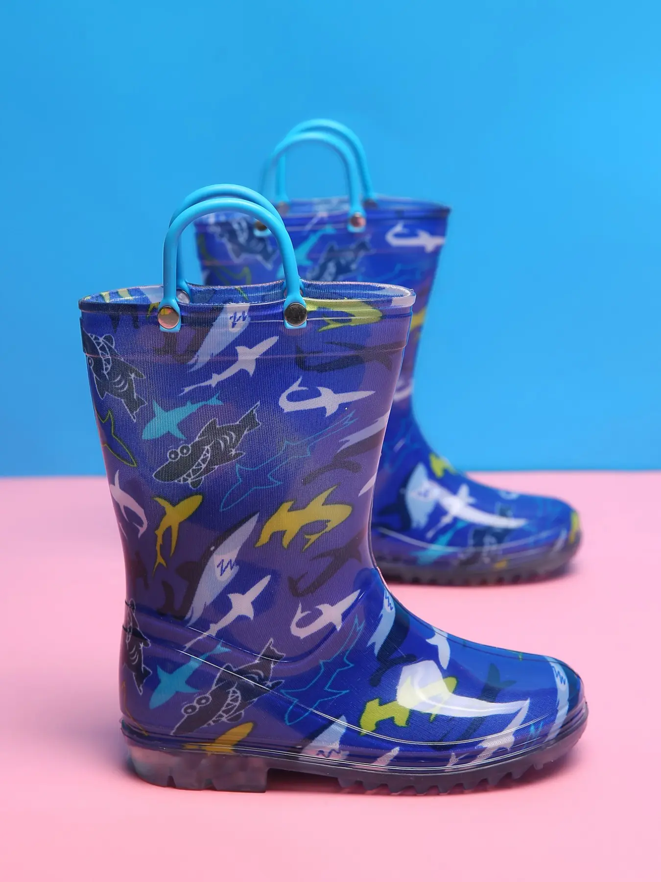 Cartoon Dinosaur Shark Print Kids Rain Boots, Non-Slip Waterproof Rubber, Portable Handle, Wear-Resistant Outdoor Wellies for Boys
