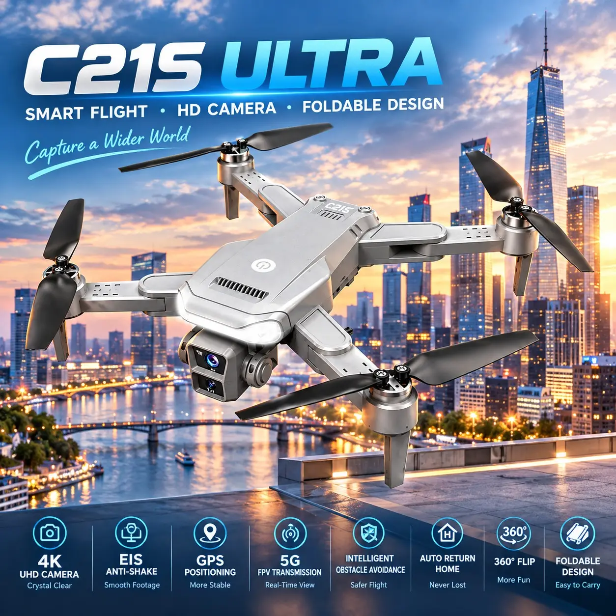 New C21s Ultra 4K GPS Electronic Drone, Obstacle Avoidance, 360° Flip, 5g Real-Time Fpv, Auto Return, Two Batteries, Perfect for Beginners and Travel Vlogs