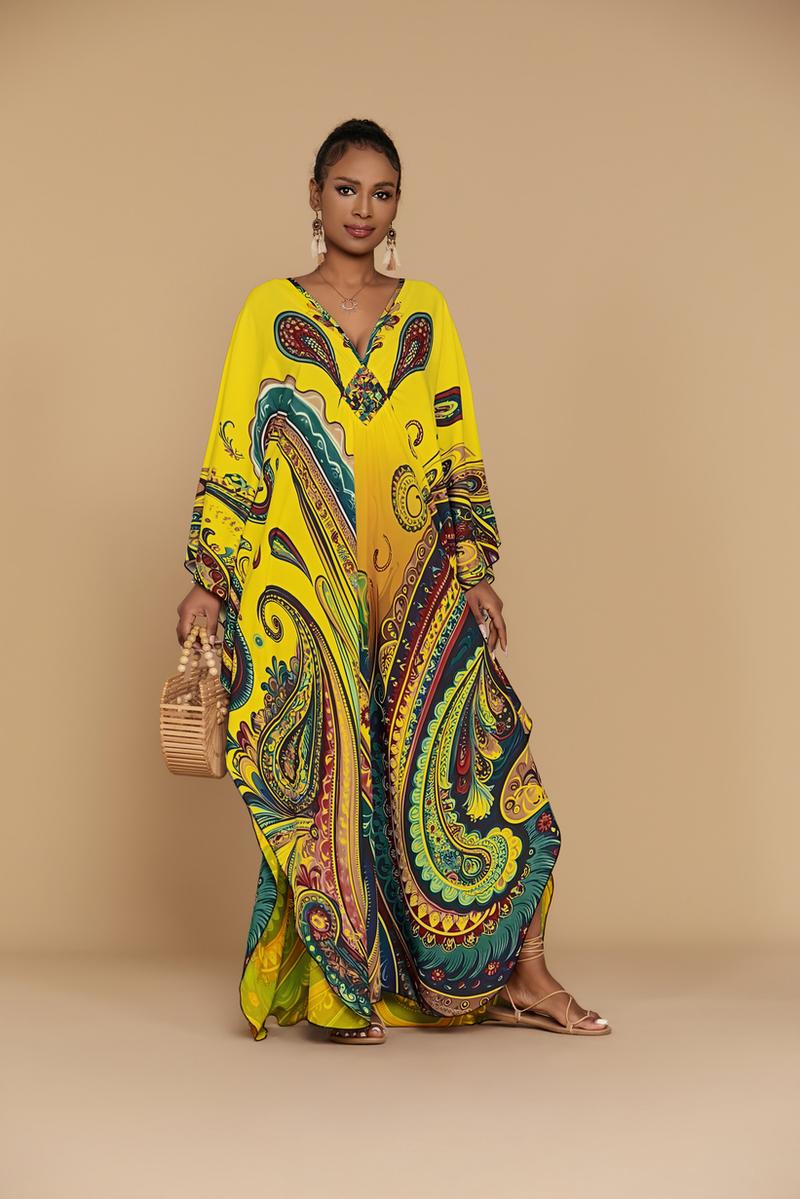 Bsubseach Women's Ethnic Print Kaftan Dress Plus Size All Over Print Sleeve Tunic Dress Boho Casual V Neck 3/4 Sleeve Tunic Dress for Women Mrs Roper Kaftan Bubu Mumu Casual Womenswear Summer Bohemian