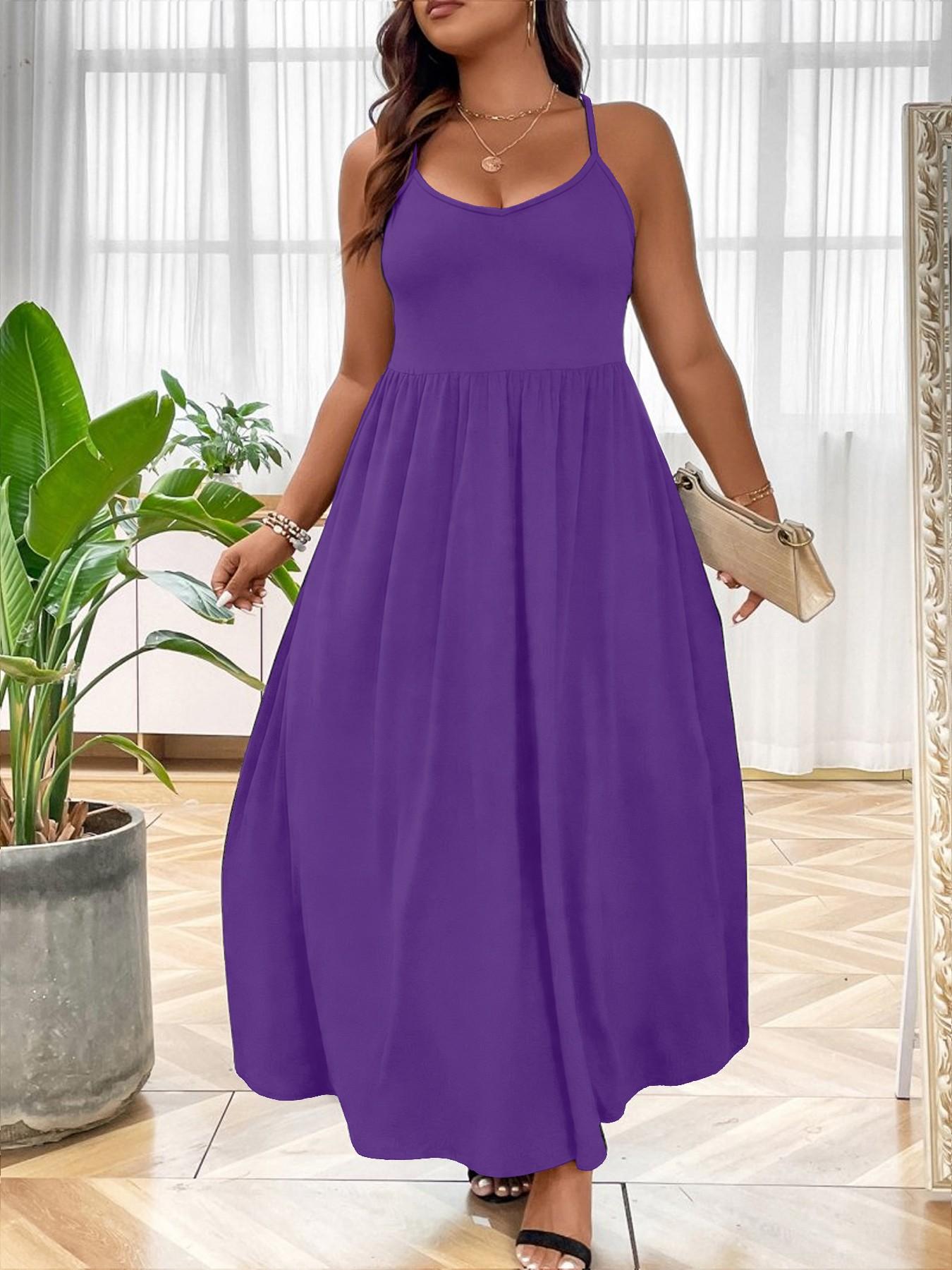 Plus Size Criss Cross Backless Cami Dress, Casual Solid Sleeveless Spaghetti Strap A-Line Dress for Summer, Women's Clothes for Party Holiday Womenswear Plus Size Criss Cross Backless Cami Dress, Casual Solid Sleeveless Spaghetti Strap A-Line Dress for Summer, Women's Clothes for Party Holiday Womenswear