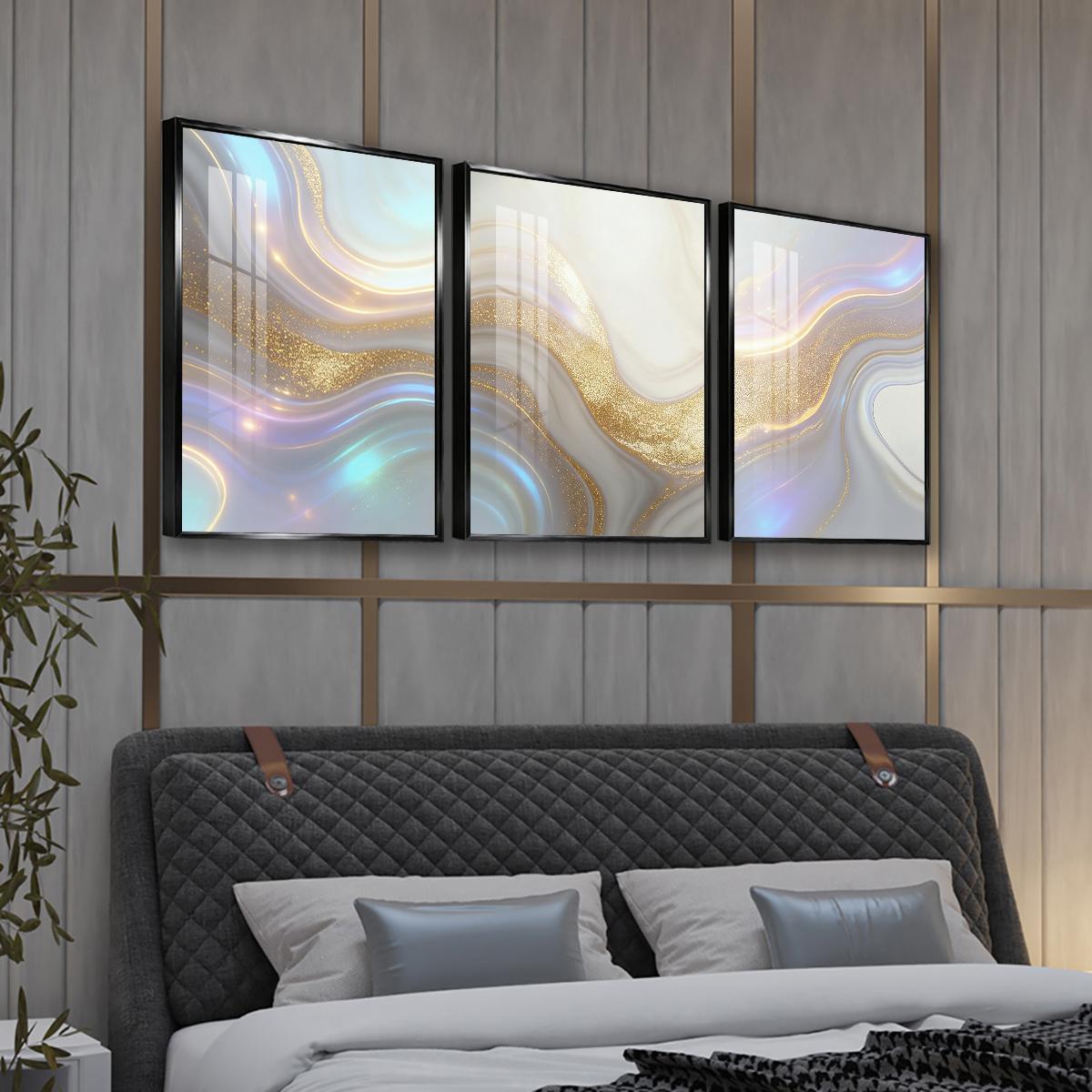 3 Counts Aluminum Alloy Framed Painting, Abstract Golden And Silver Fluid Art Pattern, Home Decoration For Living Room, Bedroom, Office, Restaurant, Hallway Wall Decor, Odorless Print Artwork, Luxury Perfect Gift For Friends And Family