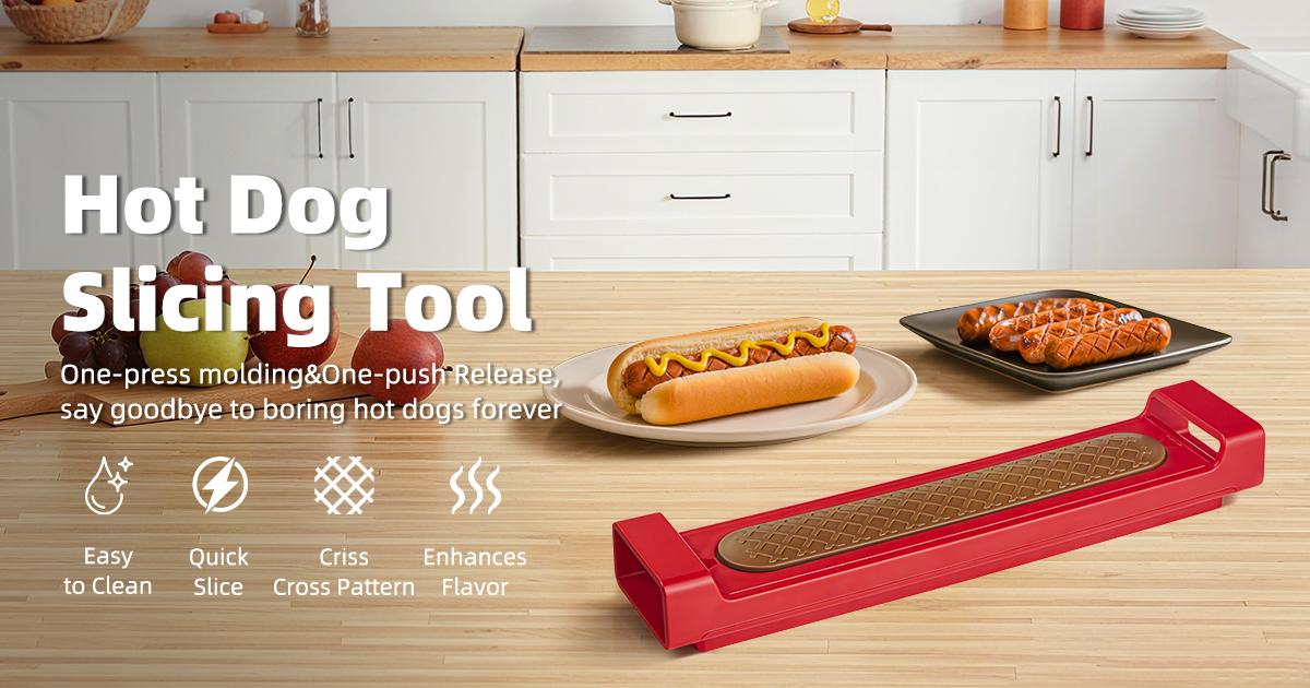 Hot Dog Slicer Criss Cross Red Stainless Steel Blade One-Touch Release BBQ Grilling Picnics Outdoor Cooking Kitchen Backyard Utensils Compact Dishwasher Safe Stylish