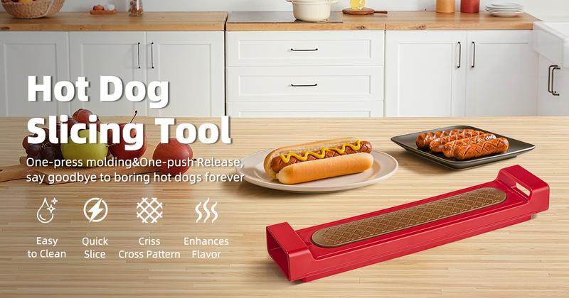 Hot Dog Slicer Criss Cross Red Stainless Steel Blade One-Touch Release BBQ Grilling Picnics Outdoor Cooking Kitchen Backyard Utensils Compact Dishwasher Safe Stylish