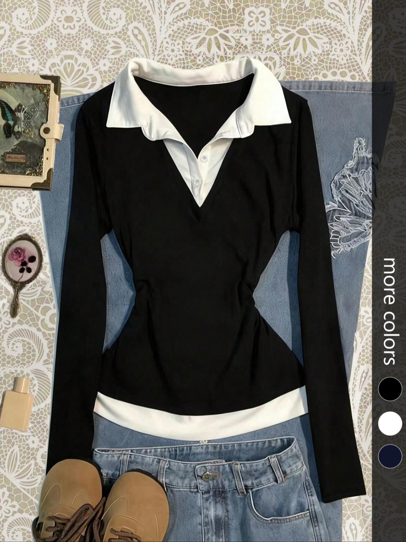 Women's Colorblock patchwork Faux Two-piece Shirt Collar Slim Fit Long Sleeve Top, Simple Comfortable Daily Wear,Versatile Stylish Blouse