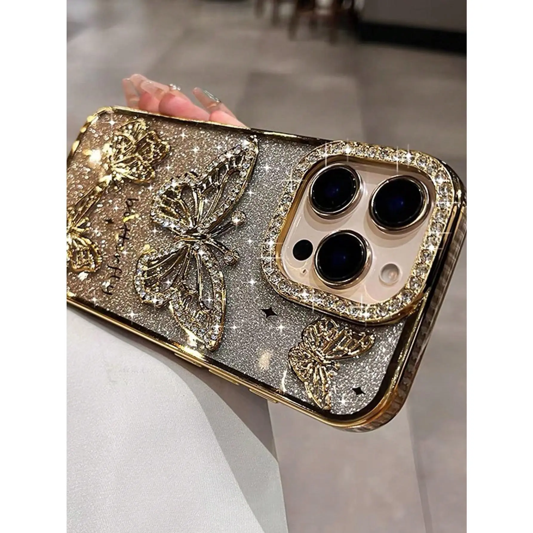 Butterfly Phone Case for Women, 3D Rhinestone Ombre Glitter Electroplated Soft TPU Shockproof Protector for iPhone 16 Pro Max, Butterflies, Smartphone, Cellphone