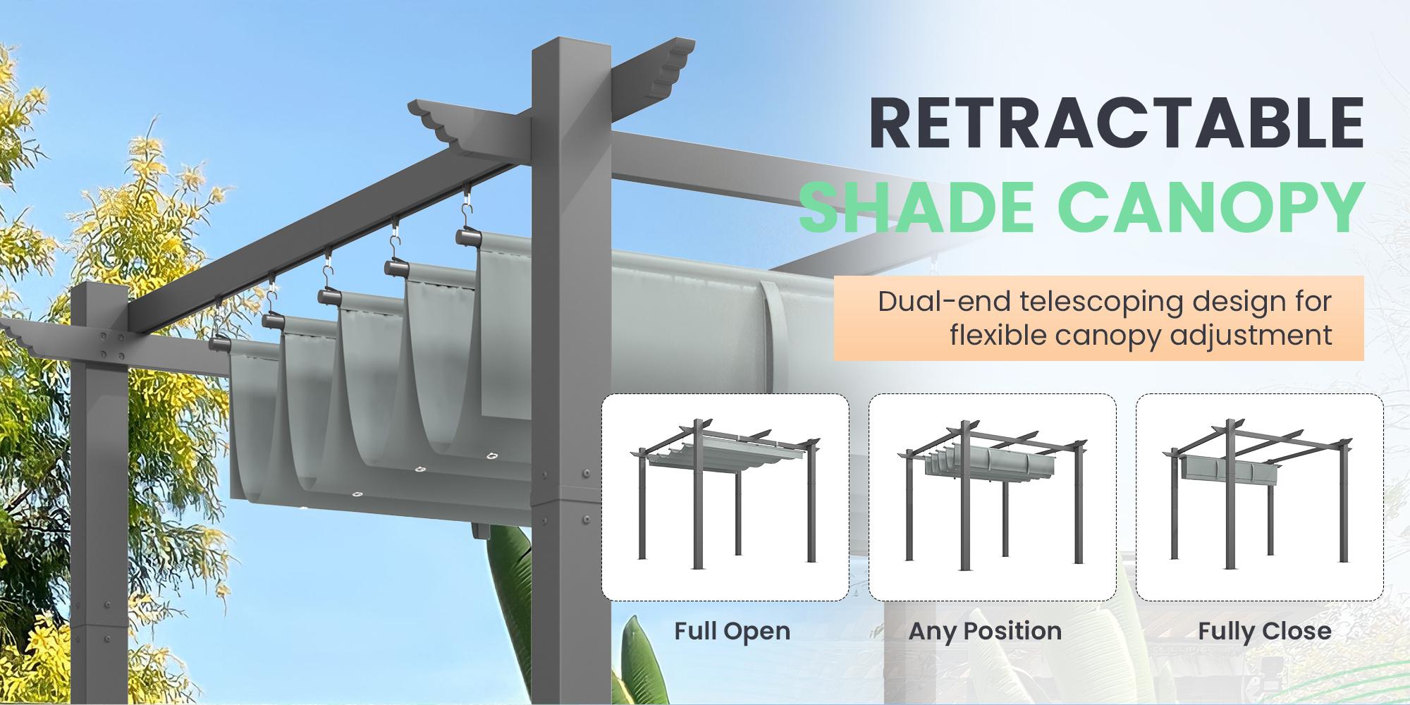 10' x 10' Outdoor Pergola with Retractable Canopy, Heavy-Duty Metal Frame and Adjustable Patio Shade Roof, Gray/Khaki