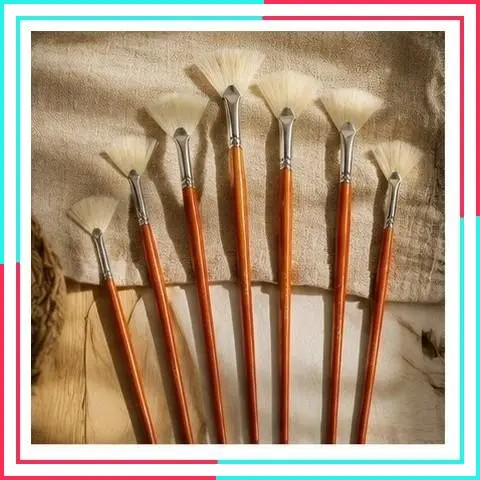Fan Brushes for Painting and Pottery Glazing, Set of 7 Natural Hog Hair Artist Fan Brushes for Acrylic Oil Watercolor Painting, Ceramic Glaze Brush, Long Birch Wood Handle