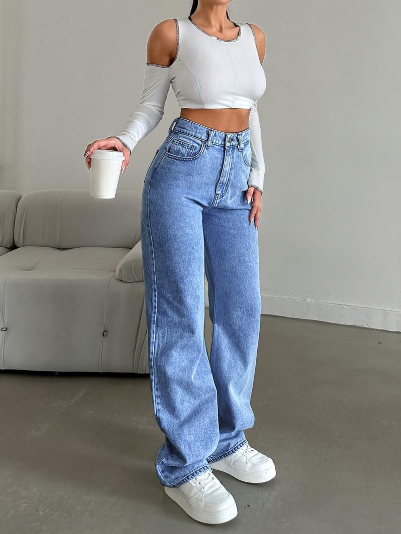 Women's High Waist Straight Leg Jeans, Casual Fashion Street Style Denim Jeans, Slim Fit Long Jeans for Fall & Winter