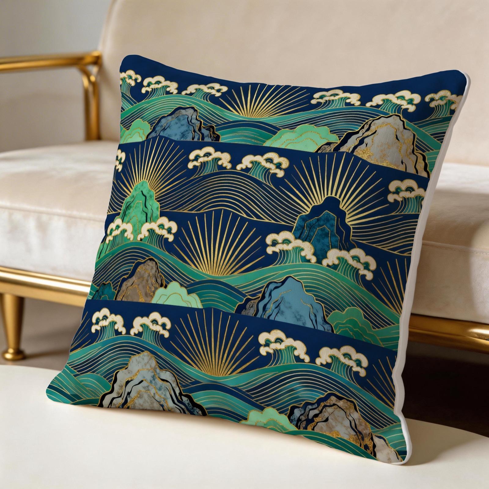 1 Piece Japanese Wave Sun Throw Pillow, Navy Blue Gold Foil Great Wave HD Digital Print Accent Pillow, Soft Plush Cushion with Hidden Zipper, Non-Fade Decor Pillow for Sofa Couch Bed, 18x18 Inch