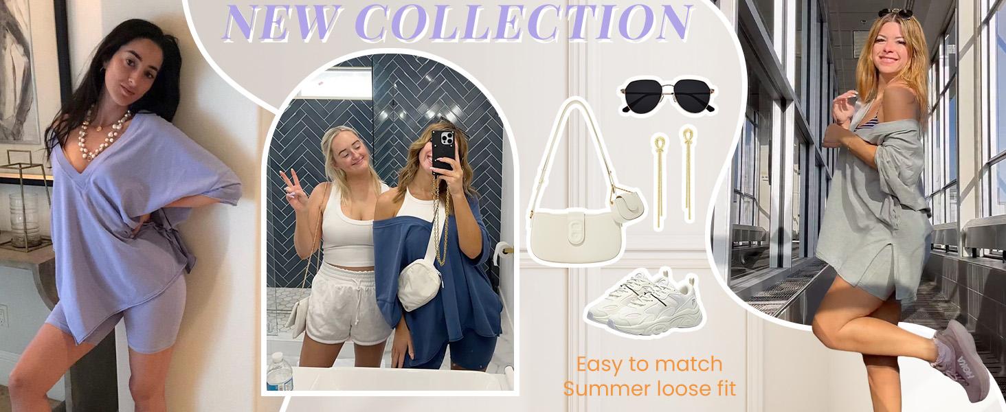 SCUSTY Women's Two Piece set Oversized V Neck T Shirt Biker Short Summer Outfits Hot Shot Reversible Sets