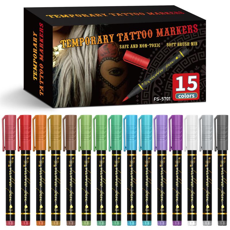 Temporary Tattoo Markers for Skin,With Stencils,Body Markers,10/15/30Colors Tattoo Pens,Flexible Brush Tip, Bright colors, Face Paint Kit Cosmetic Quality,Halloween makeup