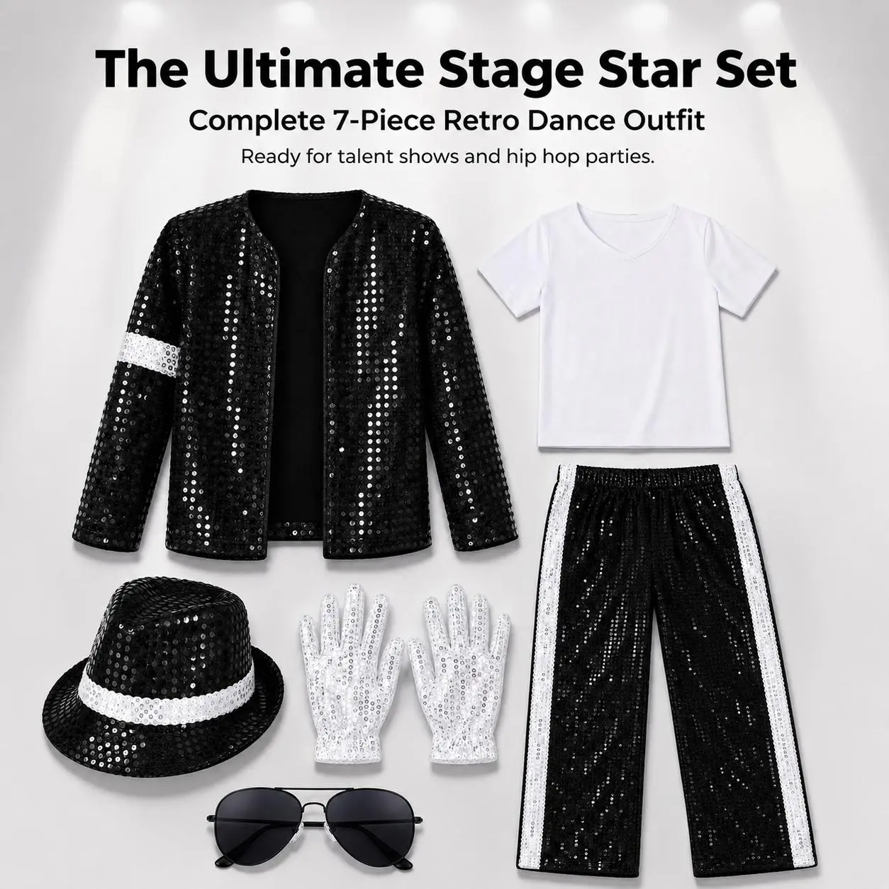Boys' Hip Hop Dance , 7-Piece Black & Silver Glitter Sequin Fabric Outfit, Stage Ready for Talent Shows, Loose Fit Pants, Matching Activewear Set, Sporty Sports Clothing Sets,back to school,back to school haul mj costume