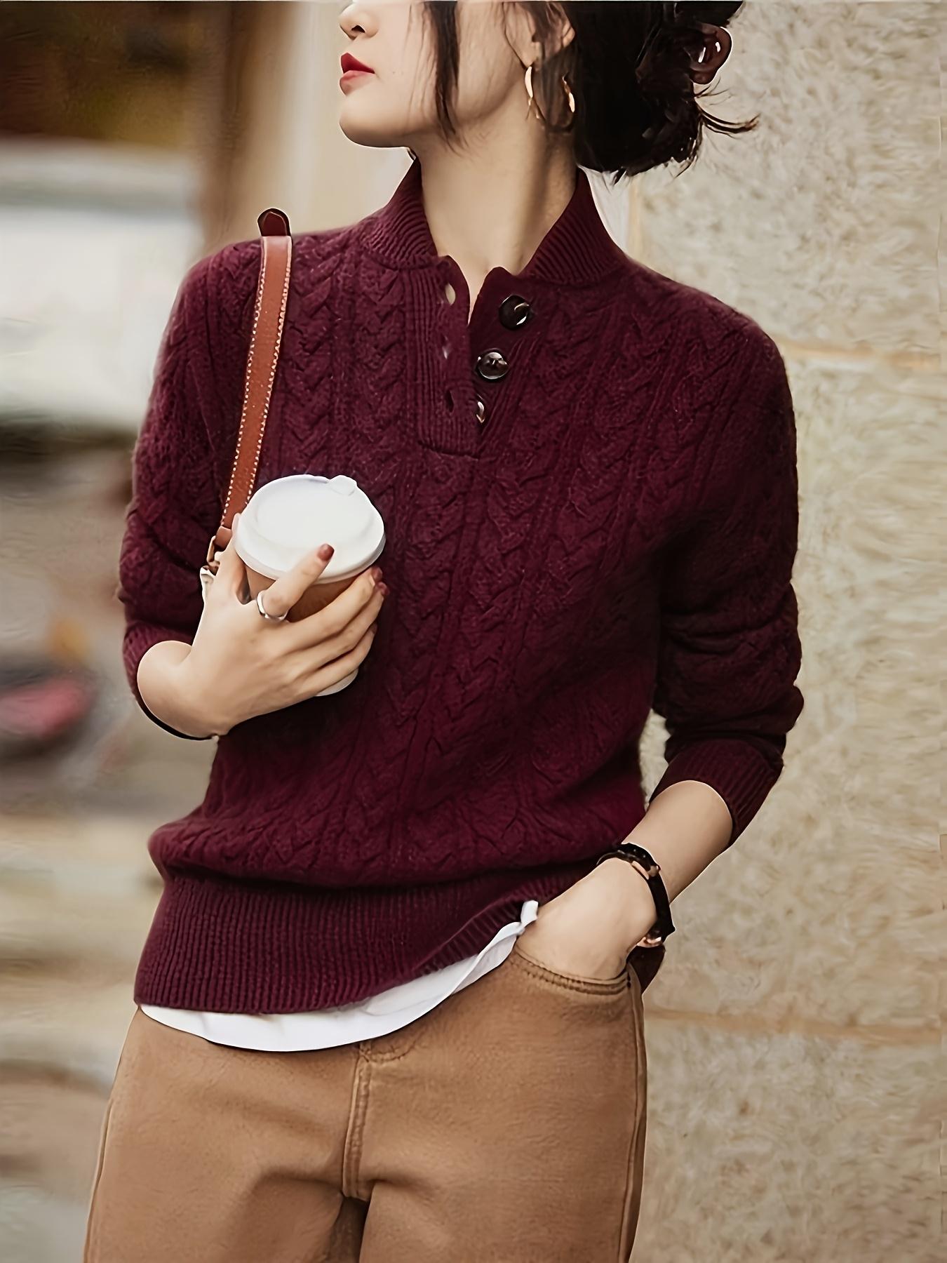 Vintage Knit Sweater for Women, Half-Open Neck Design, Button Detailing, Perfect for Fall & Winter, Versatile Fashion Piece, Knitwear