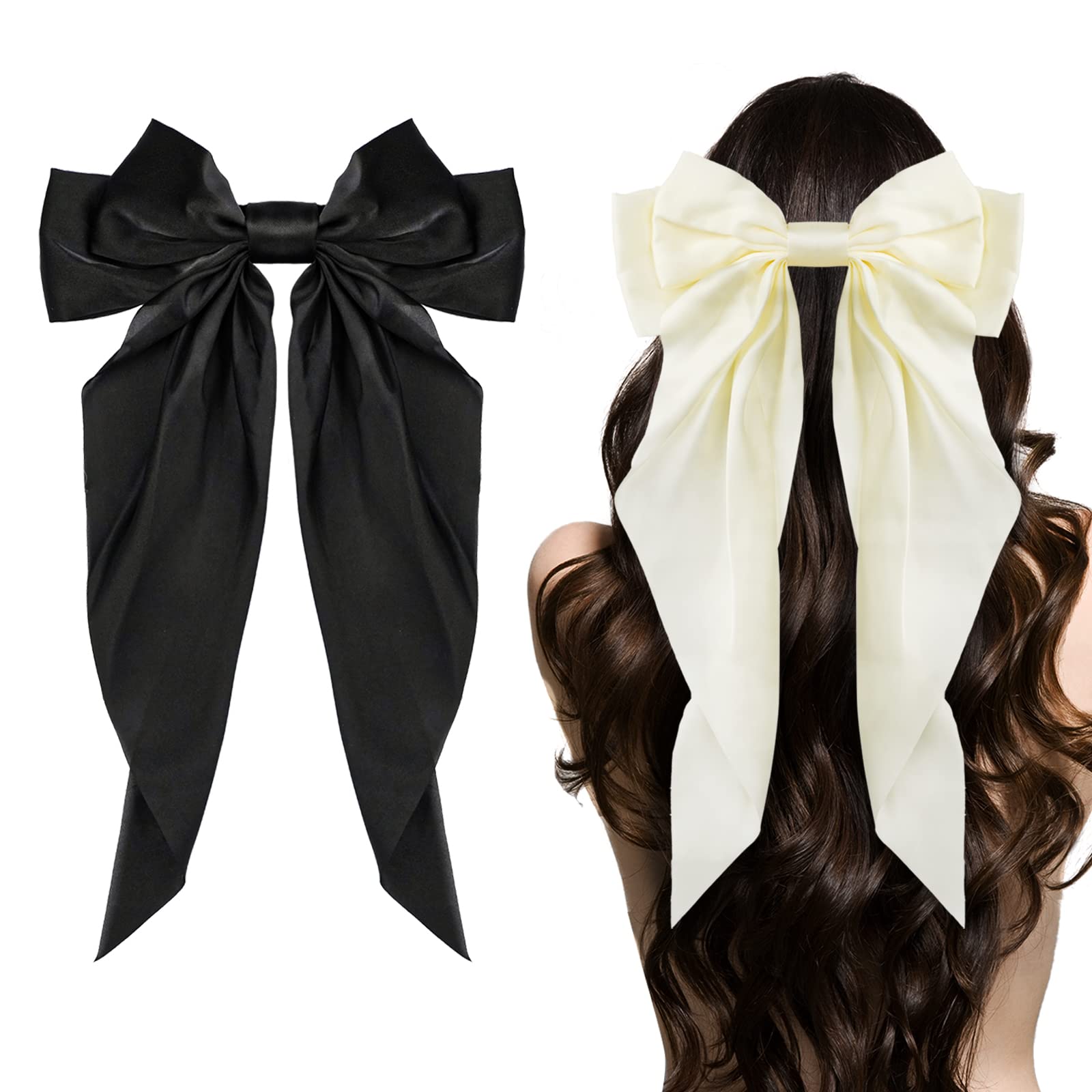 Big Bow Hair Accessories 2pcs - Long Tail French Satin Silky Barrettes for Women and Girls, Black, Burgundy, Red Bows for Birthday, Party, Show, hair clips Fashion