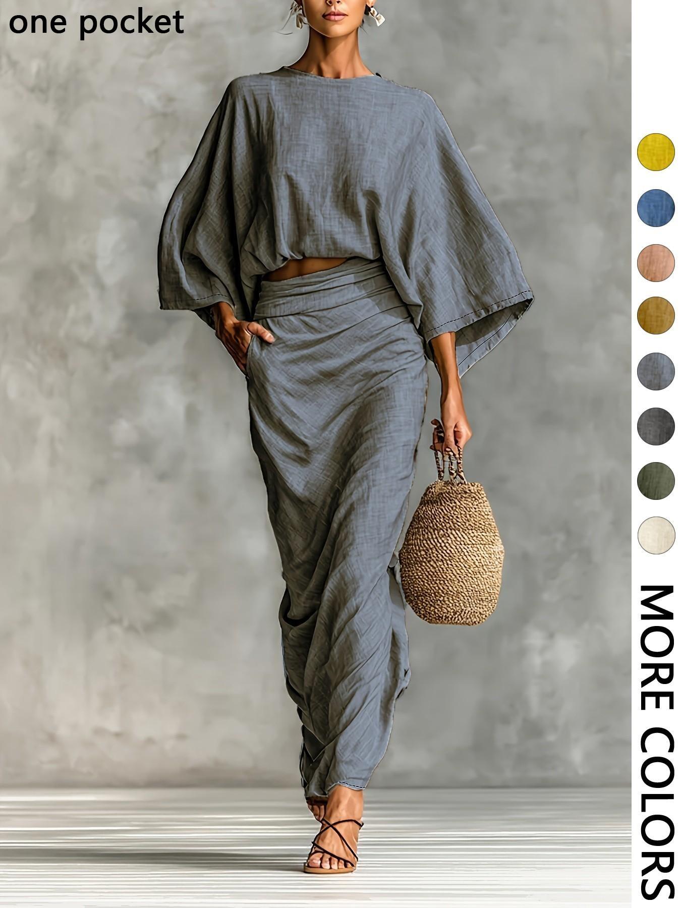 Women's Stylish Loose-Fitting Casual Two-Piece Set, Spring & Fall Comfortable Long Skirt with Waist Definition and Pocket one pocket..