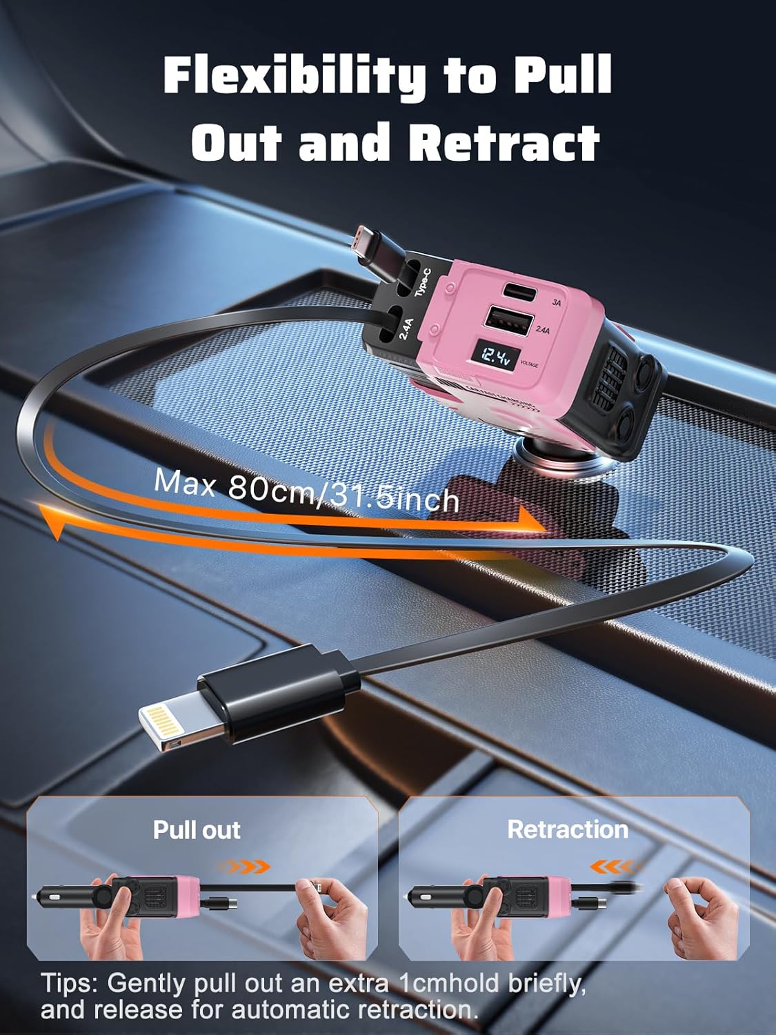 Retractable Car Charger with 4 Shock Absorbers,4 in 1 USB-C Car Charge 69W,Cigarette Lighter Adapter with Retractable Cables (31.5 in) and 2 USB Ports,Road Trip Essentials for iPhone 16