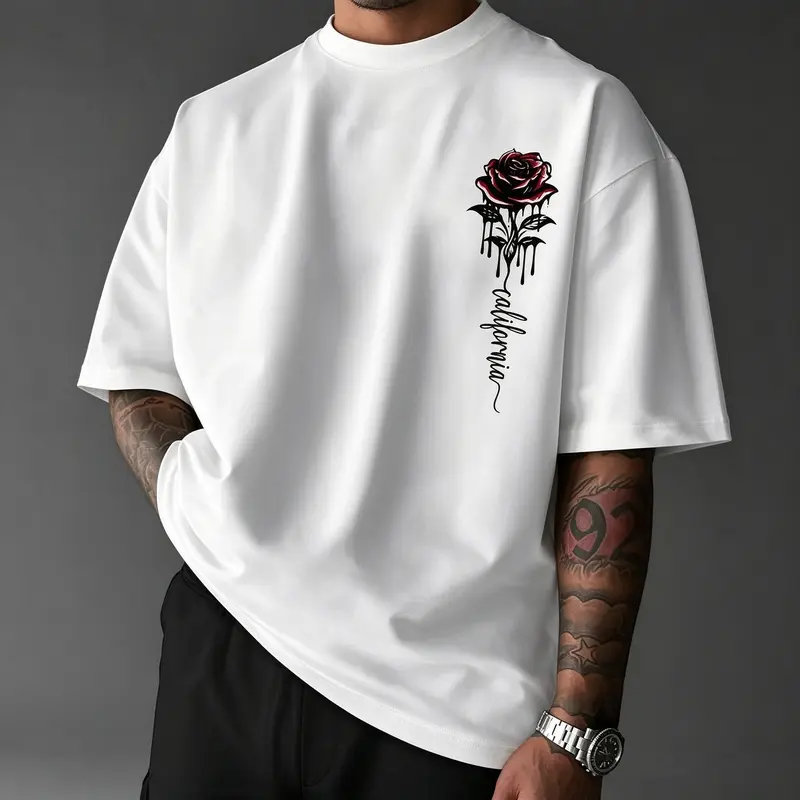 Men's Soft Cotton Blend Quick-Dry Round Neck Short-Sleeve Sports T-Shirt with Rose Print - Breathable Loose-Fitting Skin-Friendly Menswear, Machine Washable Top for Summer Sports & All Seasons Use