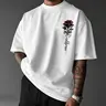 Men's Soft Cotton Blend Quick-Dry Round Neck Short-Sleeve Sports T-Shirt with Rose Print - Breathable Loose-Fitting Skin-Friendly Menswear, Machine Washable Top for Summer Sports & All Seasons Use