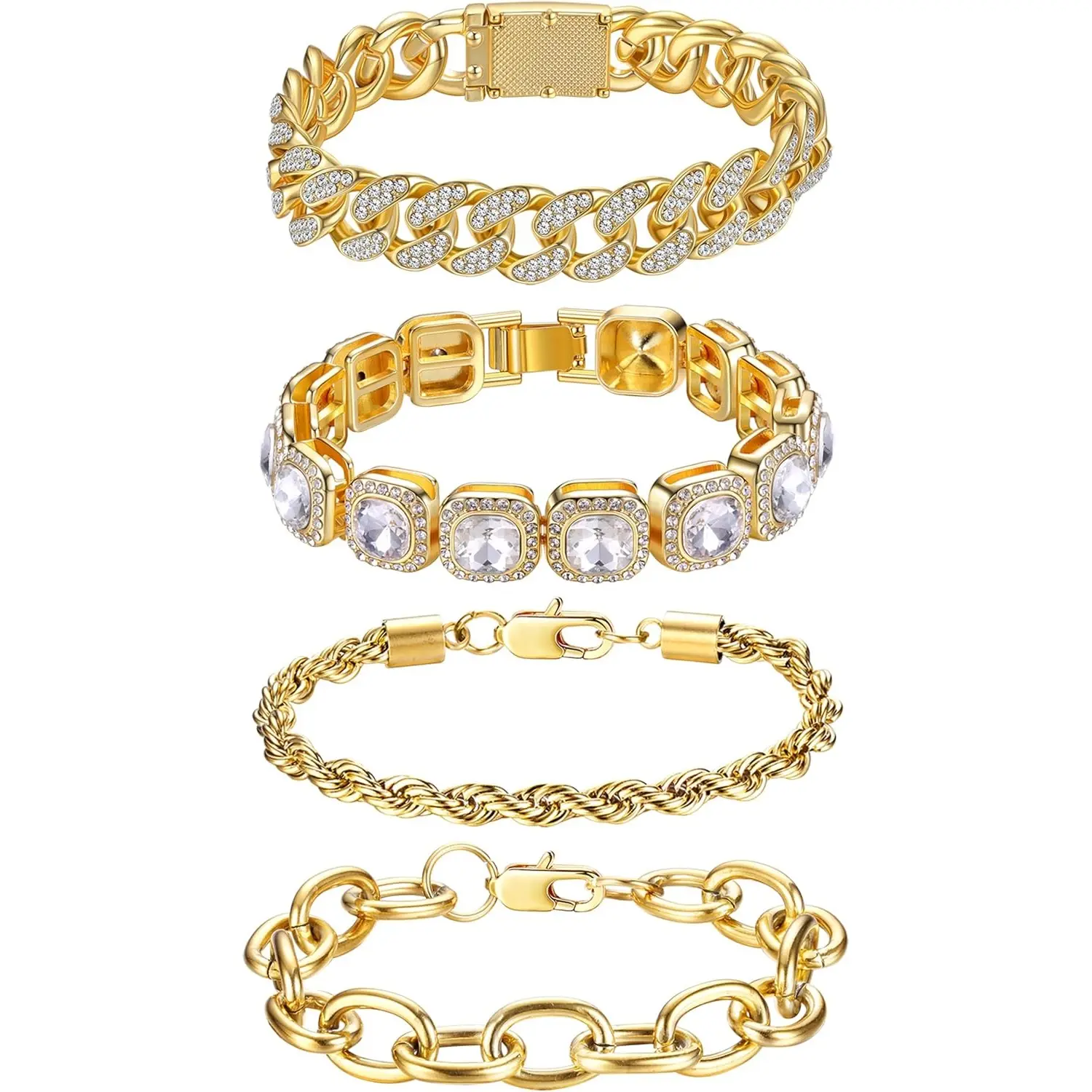 4 Pcs Chunky Layered Bracelet Set for Women Men, Heavy Dainty Gold Silver Tone Stackable Bracelets, Fashion Statement Wrist Jewelry Gifts