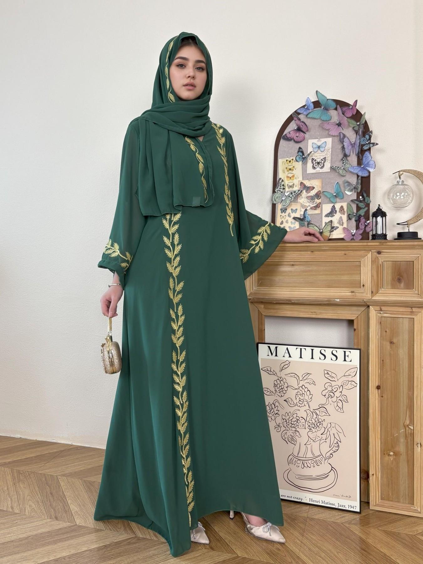 Arabic Clothing-Leaf Embroidered Bell Sleeve Chiffon Maxi Arabian Dress with Hijab, Elegant Long Kaftan Dresses Loose Abayas, Muslim Dress Islamic Clothes