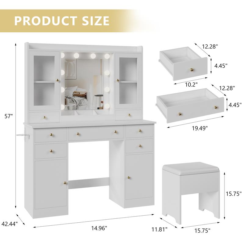vanity with storage drawer, charging station, cabinet and chair, vanity with RGB ambient light, suitable for women's bedrooms and bathrooms