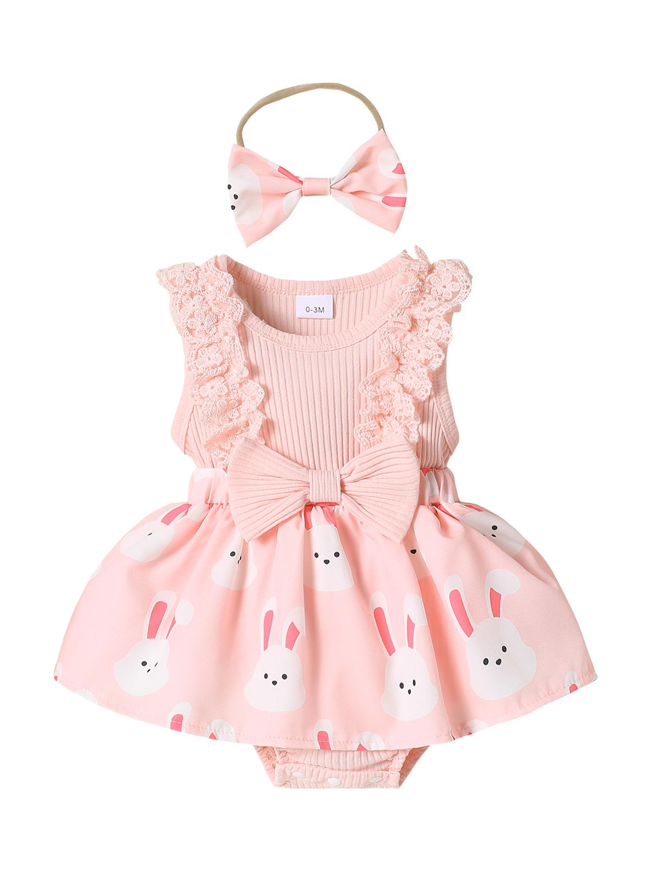 Baby Girls 2-Piece Clothes Rabbit Easter Cute Romper and Headband Pink Color Toddler Outfit for Spring #springtok