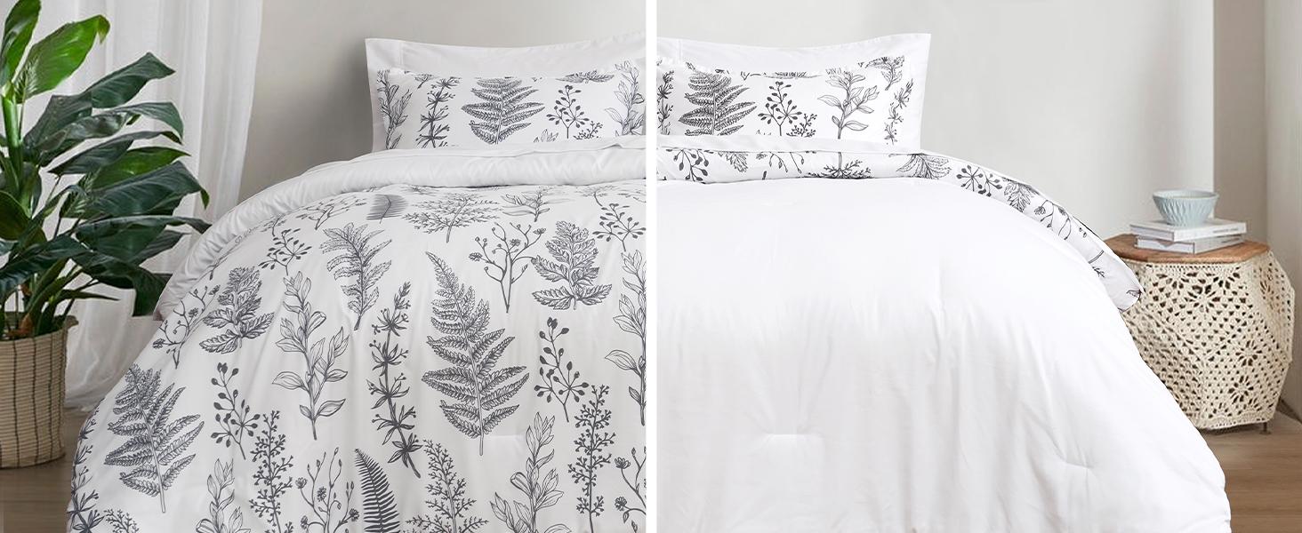 PHF 7/3 counts/set Comforter Set, Reversible Botanical Bedding Set Includes Comforter, Pillow Shams, Flat Sheet, Fitted Sheet, and Pillowcases, Gifts