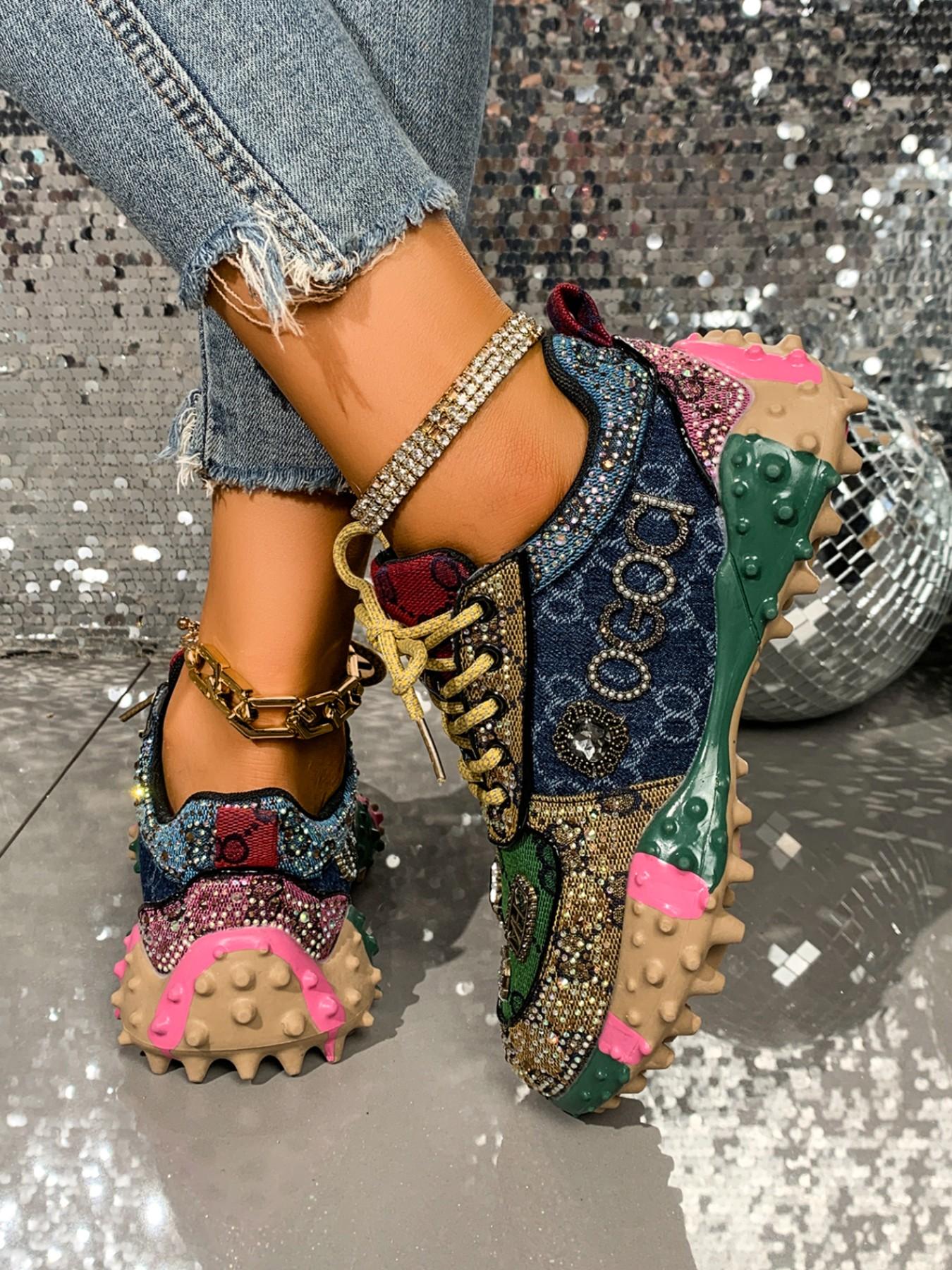 Vintage Colorblock Thick Sole Fashion Shoes, Unique Design Sequins Casual Sports Sneakers, Stylish Low-Top Footwear for Women & Men