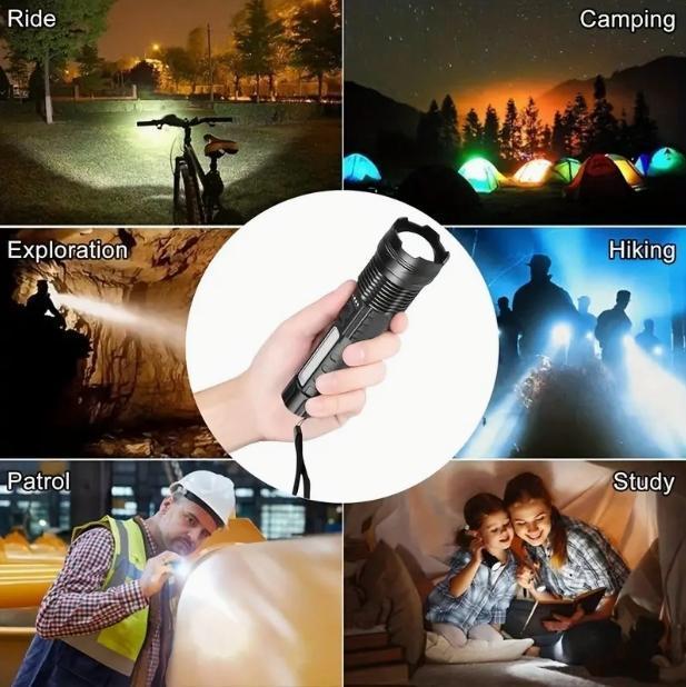 Strong Light Flashlight USB Rechargeable The Portable Highlumen flashlight.with Emergency White Light and Red & Blue Alarm Lights. Waterproof Design. Ideal for Camping, Mountaineering, Fishing, Garden, Road. Fathersdaygift Multifunctional