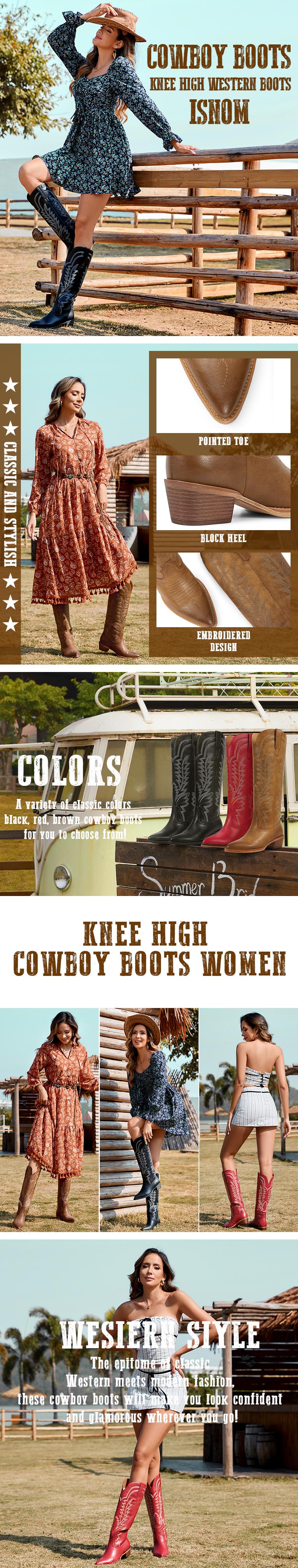 Wetkiss Women Cowboy Cowgirl Knee High Boots with Classic Embroidered Pointed Toe Chunky Heel Pull On Fashion Retro Western Tall ,Women's Shoes,Women's Boots #TikTokShopSpringGlowUp #greenish