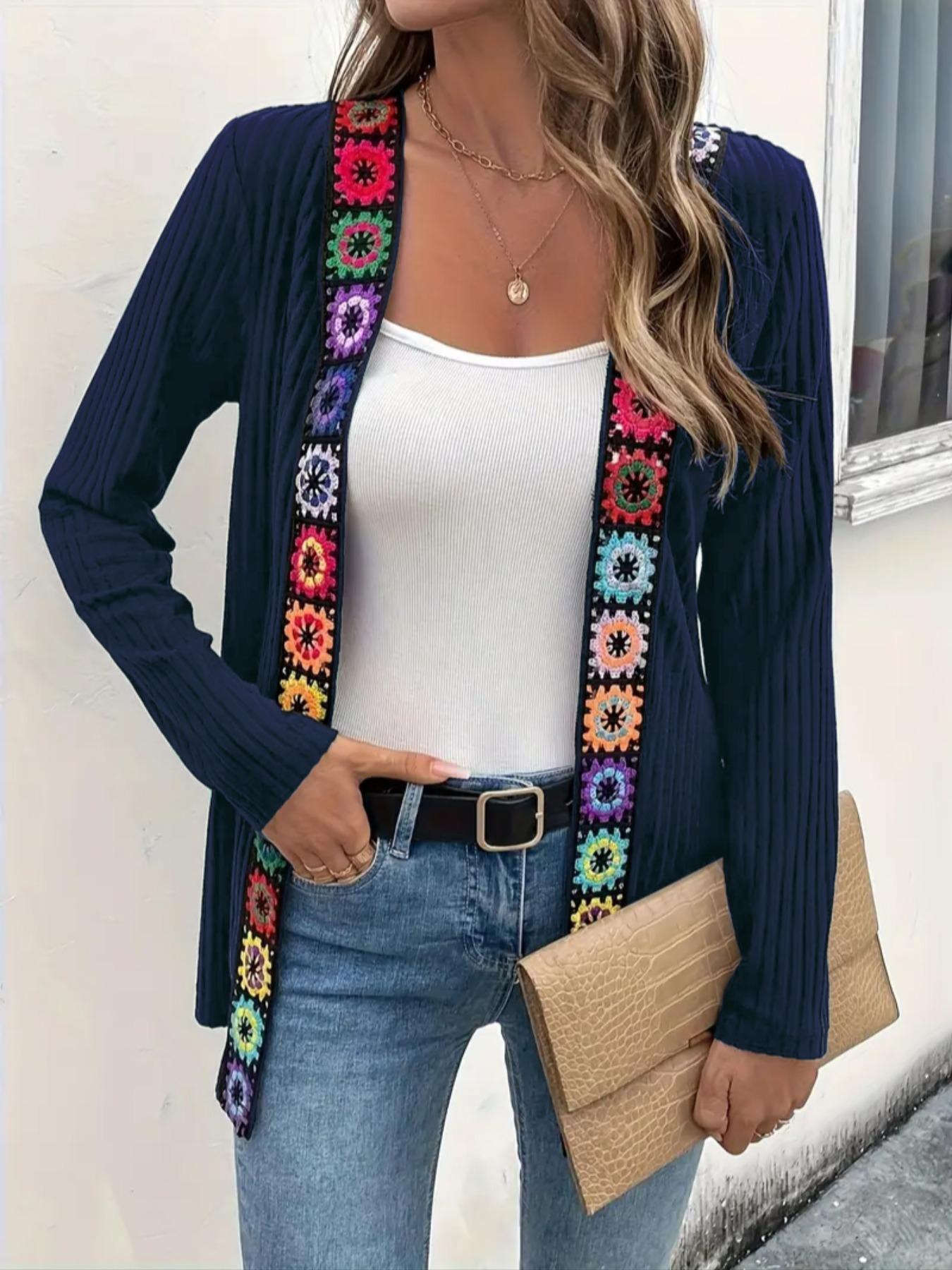 Women's Fashion Solid Color Ribbed Ethnic Patchwork Knitting Cardigan Long Sleeve Coat, Casual Fitted Knitwear for Fall Winter Daily Wear