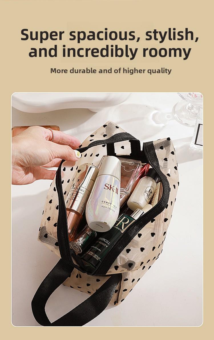 Mesh Makeup Bag Set, Heart Print Cosmetic Bag, Portable Travel Toiletry Bag for Women, Cute Makeup Organizer Pouch