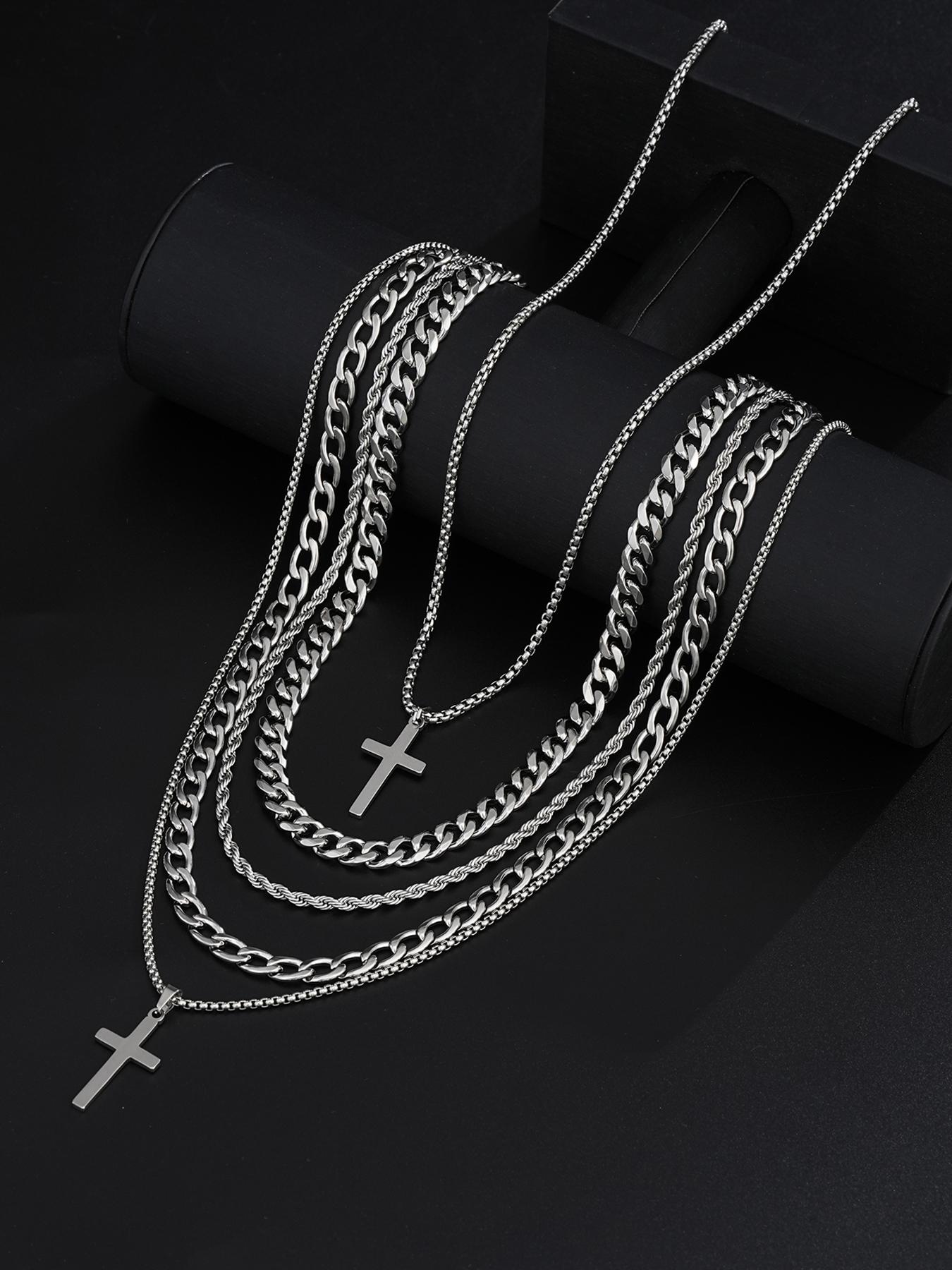 Men's Stainless Steel Jewelry Set, Casual Cross Necklace & Bracelet Pair, All-Seasons Accessory Gift for Birthdays & Dates