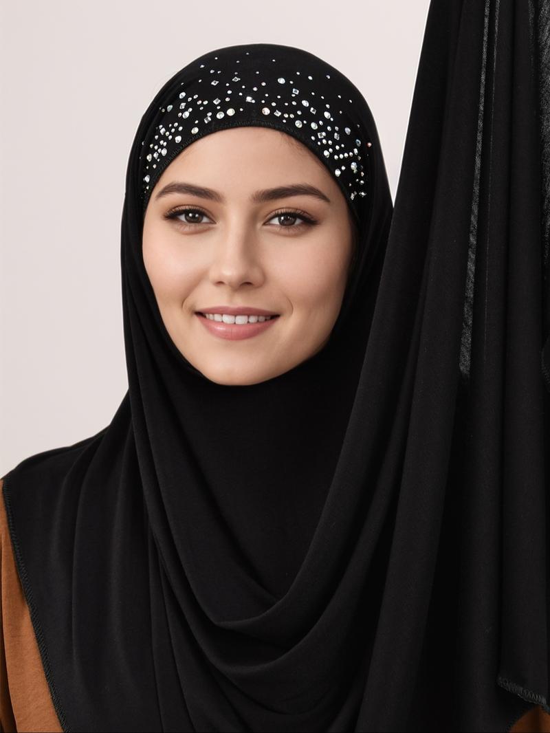 Women's Solid Color Rhinestone Decor Khimar, Modest Hijab, Modest Fashionable Headscarf for Daily Wear, Casual Soft Comfortable Headscarf for Women