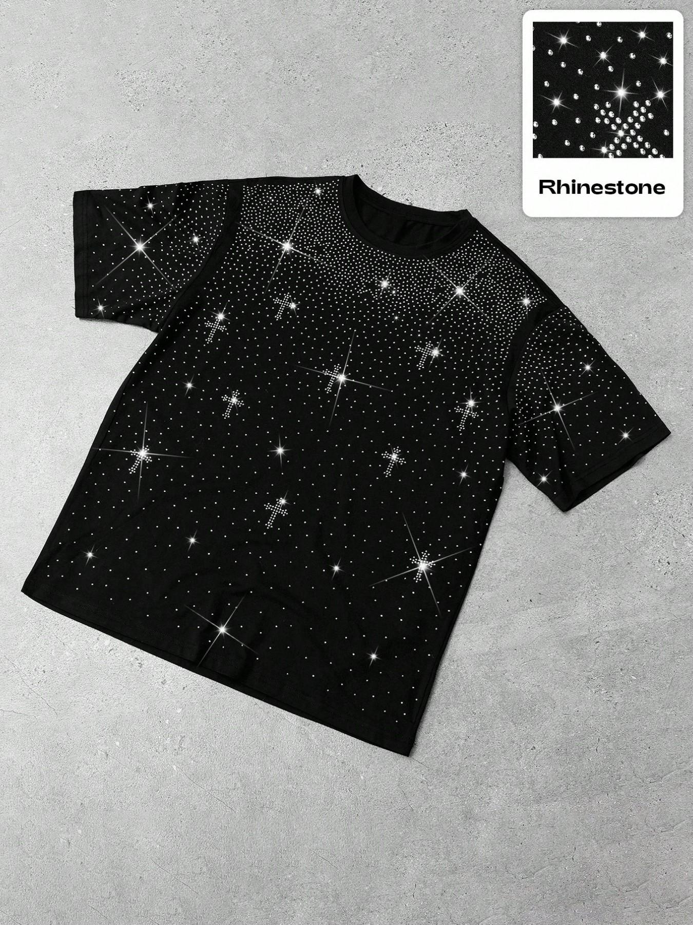 Men's Gothic Cross Rhinestone Embellished T-Shirt | Lightweight Breathable Polyester, Black Base with Sparkling Rhinestone Star & Cross Print, Oversized Fit, Y2K Streetwear Casual Tee, Ideal for Party, Night Out, Urban Street Style & Edgy Looks