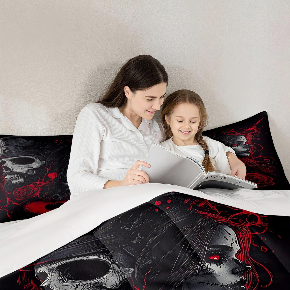 Gothic Skull and Rose Comforter Set, Dark Military Style Bedding Set with Haunting Woman Design, Cozy and Stylish Quilted Decorative Duvet Cover for a Unique Bedroom Makeover, Includes 1 quilt, with 1 or 2 Pillowcase No Pillow Core