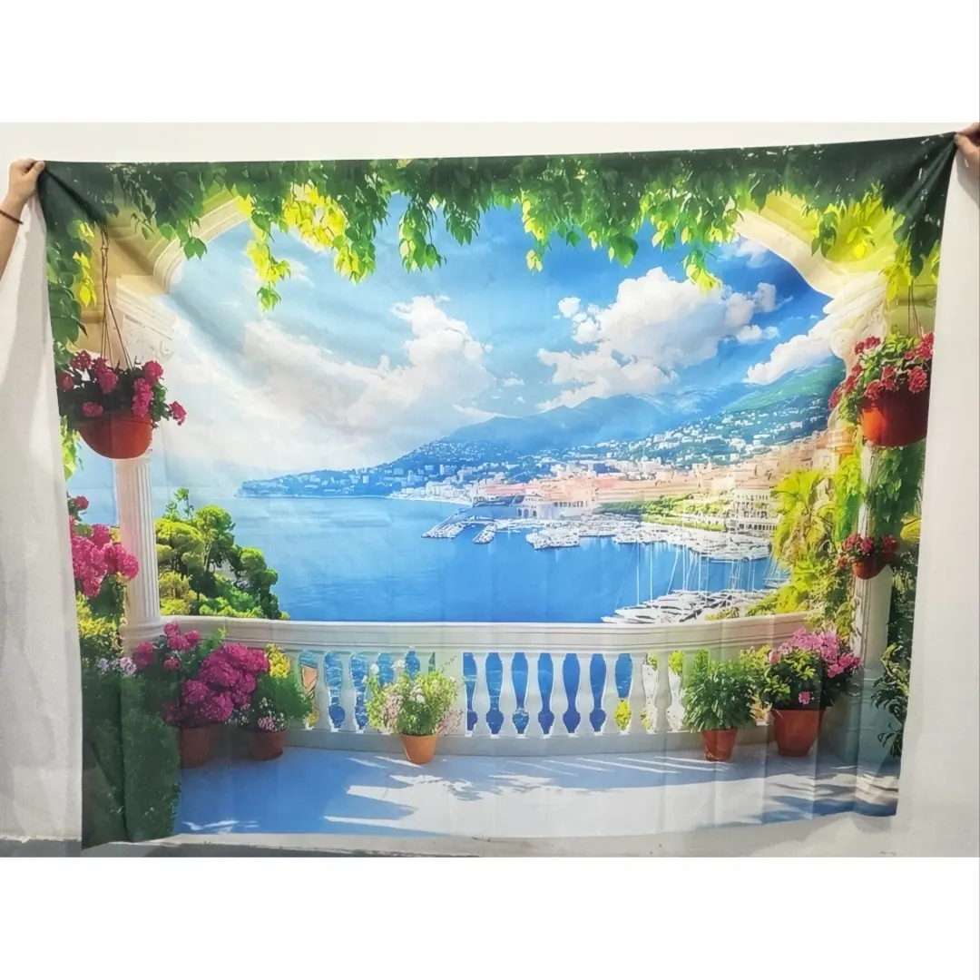 2D Flat 1pc Mediterranean Balcony Sea View Backdrop Wrinkle Resistant, Coastal Ocean View Yacht Harbor Flowers Blue Sky Summer Vacation Photography Background, Vinyl Party Banner for Summer Birthday Travel Photo Booth Home Decor Photoshoot Props