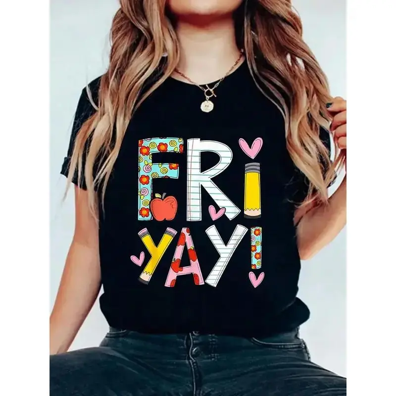 Fri-Yay! Women's Fun Friday Teacher T-Shirt – Colorful Letter Print with Floral & Elements, Soft , Round Neck, Short Sleeve, Stretch Fabric, Casual Summer Top for Teachers &, Event Attire