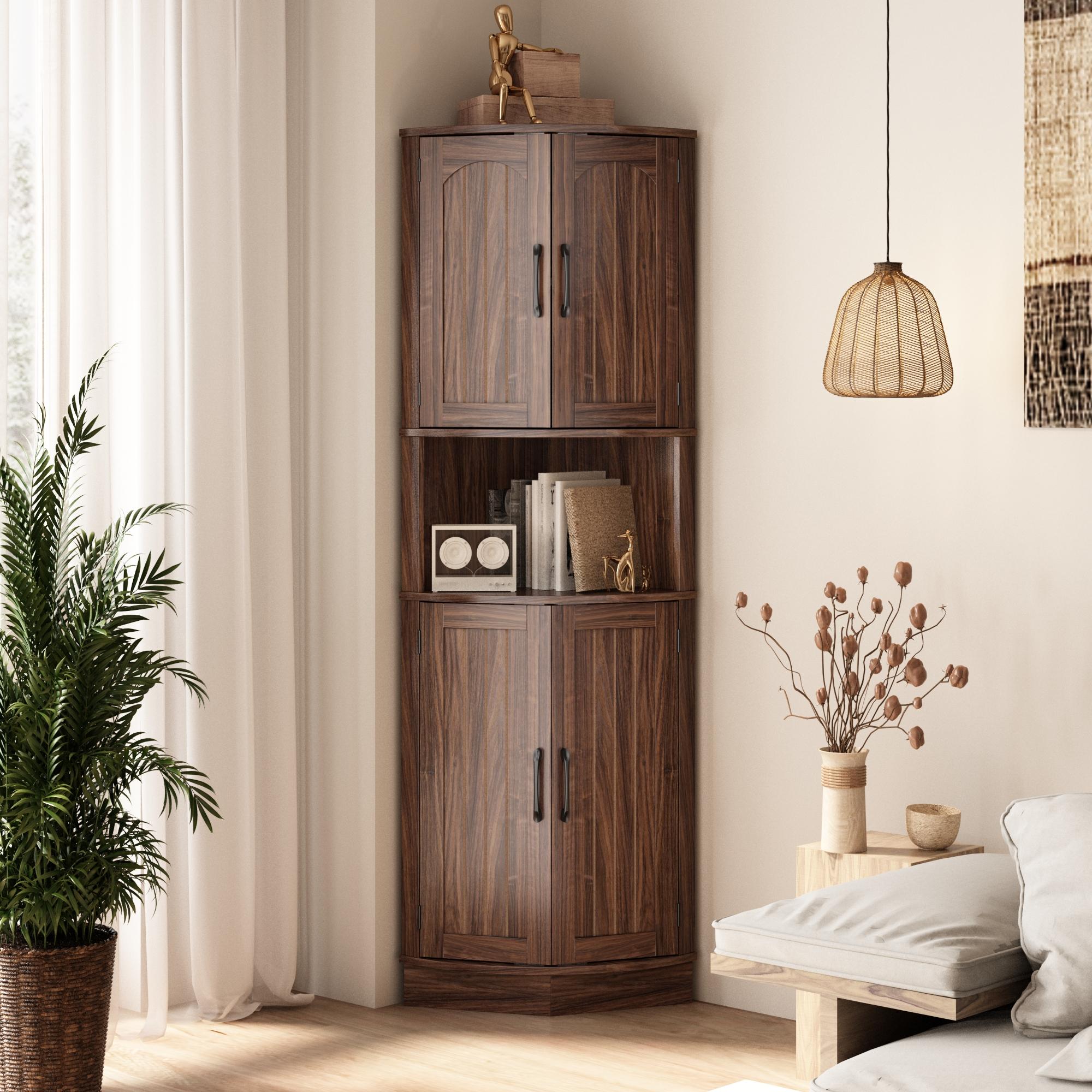 PieDle Furniture Tall Bohemian Rattan Corner Storage Cabinet - 4 Doors, 5 Shelves, 64.7" Height, Ideal for Living Room, Kitchen, Bathroom & Office Organization