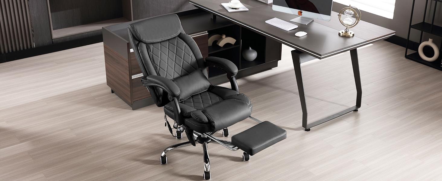 Kneading Massage Executive Office Chair with Heated,90-135°Reclining with Footrest,High Back Computer Desk Chair with Wheels,Diamond-Stitched Cushion Leather Chair